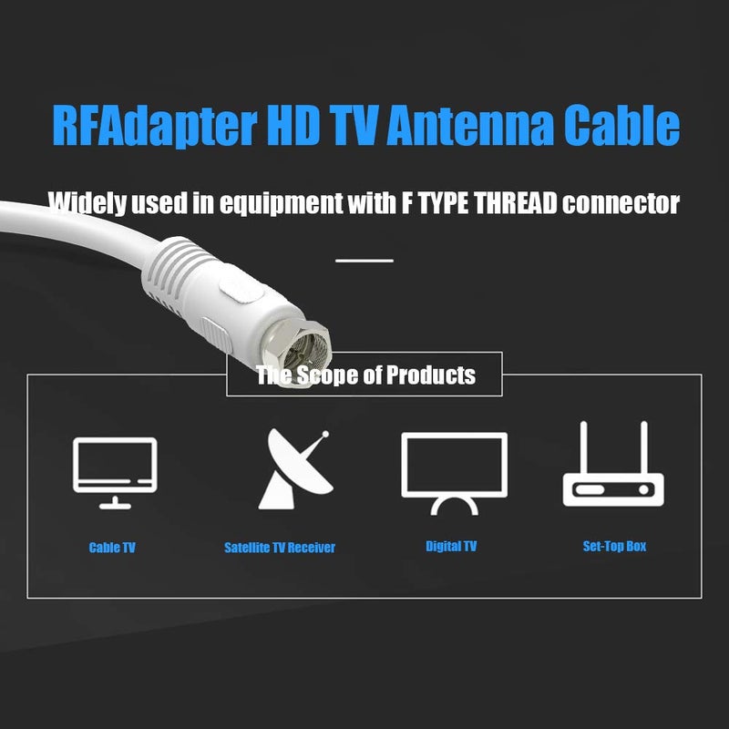 RFAdapter Coaxial Cable 3 feet, RG6 Coaxial Cable, 2 Pack White 75 Ohm Quad Shield TV Antenna Cables with F-Male Connectors, Ideal for TV DVR Satellite - Image 5